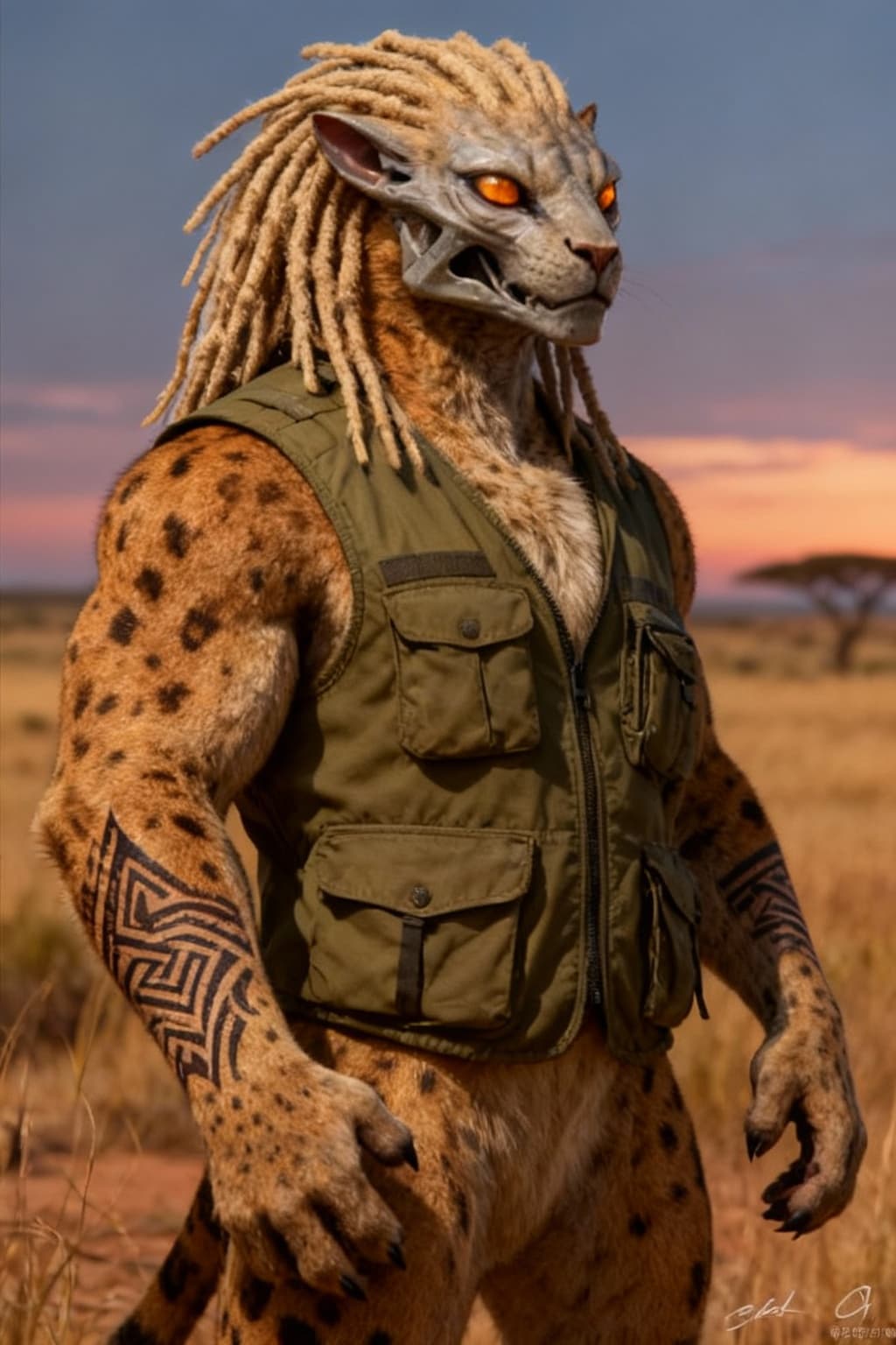 AI generated: Blend species of feline to create a new anthropomorphic species from this original with no tail. Alt...
