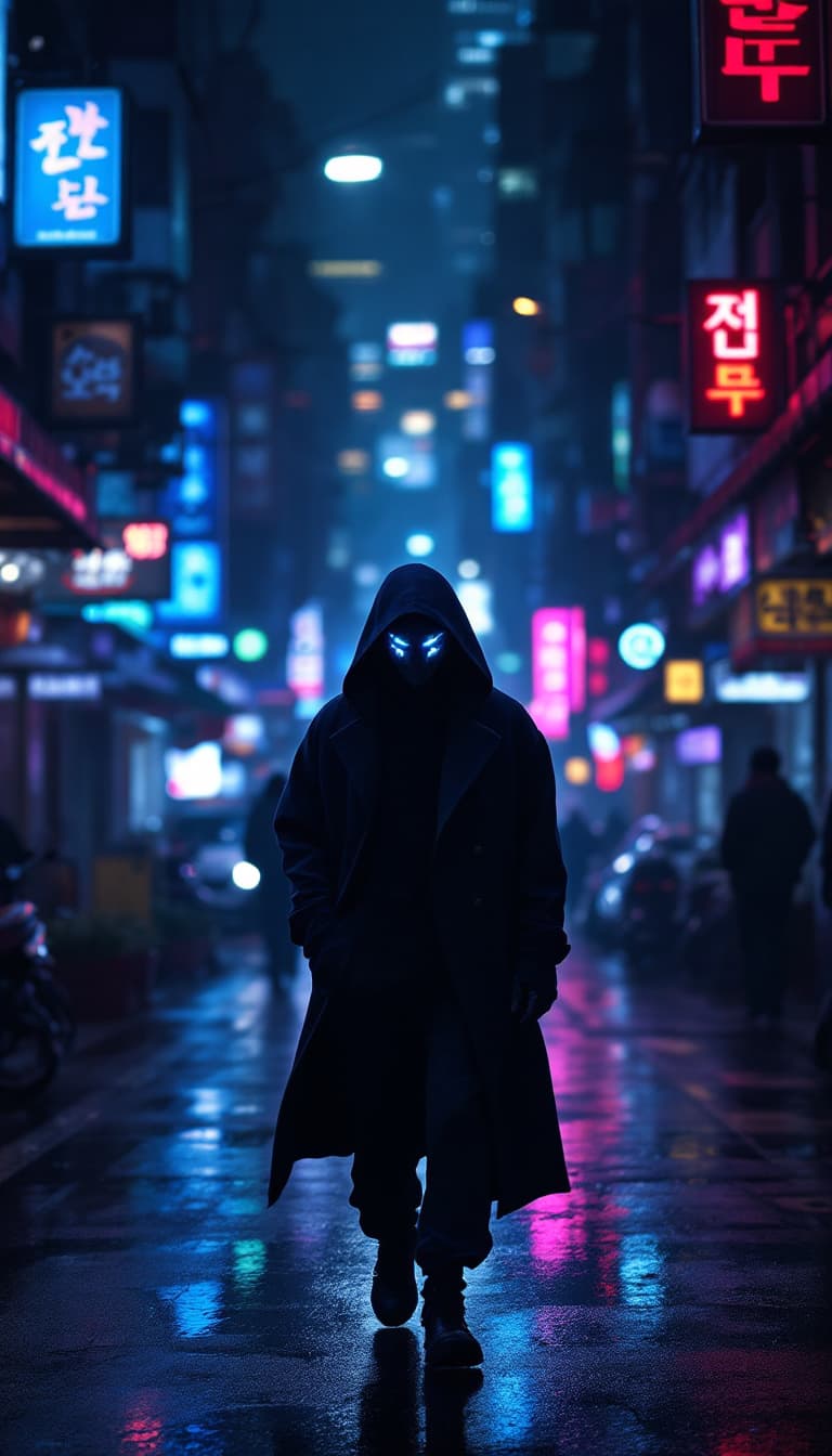 AI generated: A photo-realistic cinematic shot of Sung Jin-Woo from Solo Leveling walking confidently down a neon-...