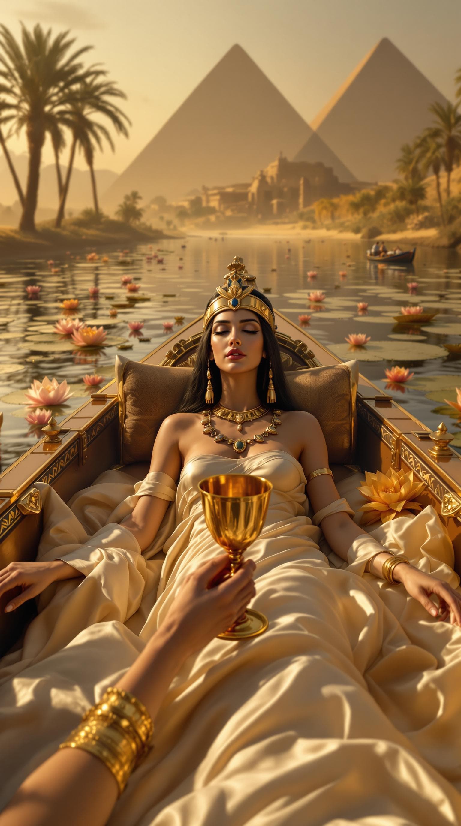 AI generated: A hyperrealistic first-person perspective of Cleopatra VII reclining on a silk-covered chaise aboard...