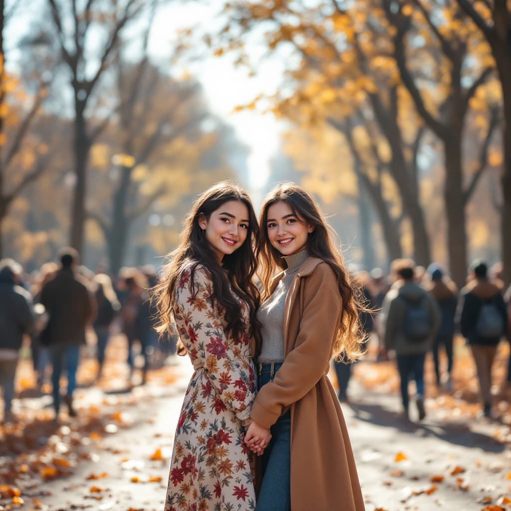 AI generated: photography, snap shot, distance range, cute girl and girl model, full-body, standing while holding ...