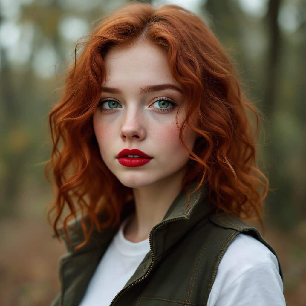 AI generated: 20 year old red haired girl, shoulder length curly red hair, stunning green eyes. wearing vest and s...
