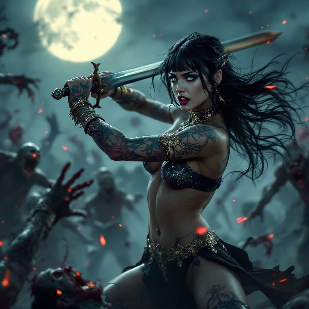 AI generated: Hyper realistic, photo realism, zoomed out HD Photo of beautiful, sultry Amazon Vampire Princess in ...