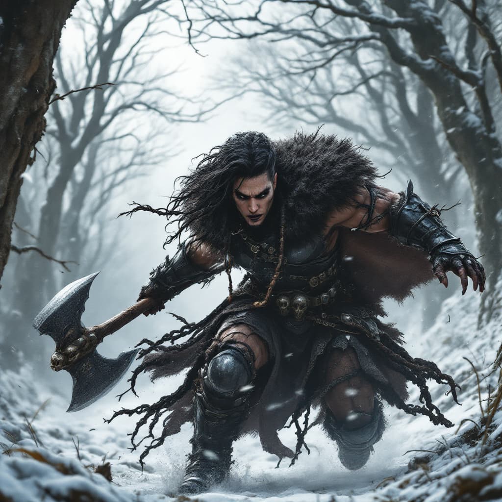 AI generated: A male minotaur barbarian warrior, encased in battered black chrome armor, charges forward amidst a ...