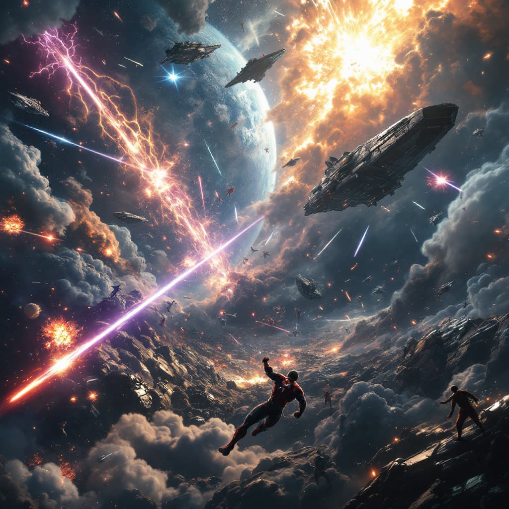 AI generated: An epic space battle where powerful superheroes fight alongside Earth's forces against a massive ali...