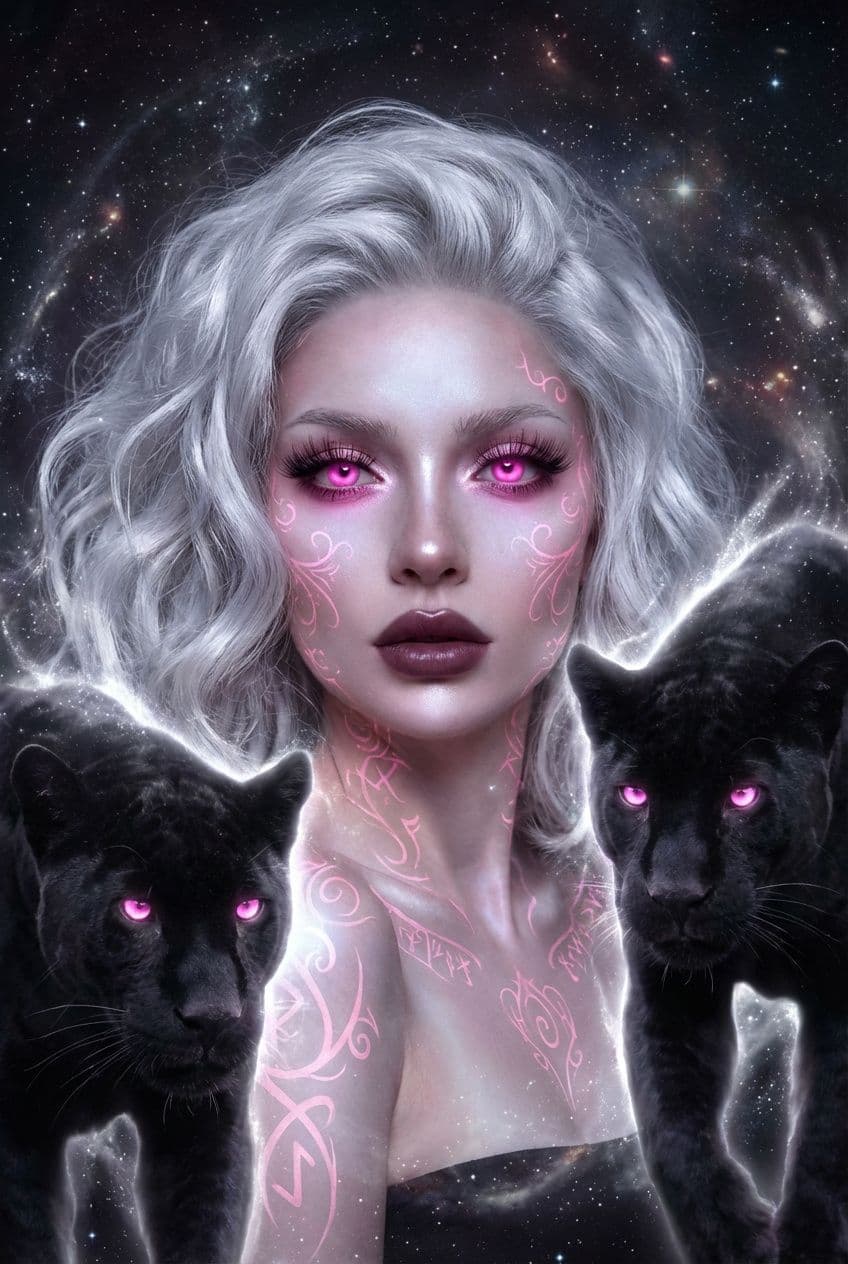 AI generated: a striking portrait of a woman, white thick silver white hair, her eyes are vivid pink, full lips, l...