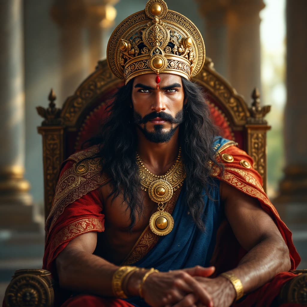AI generated: Create the image of a handsome and charismatic male indo aryan king, wearing a crown that should be ...