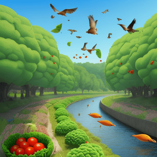 AI generated: nature with health food (broccoli for trees with fluits, salad for lawn, a river with fishs, tomatos...