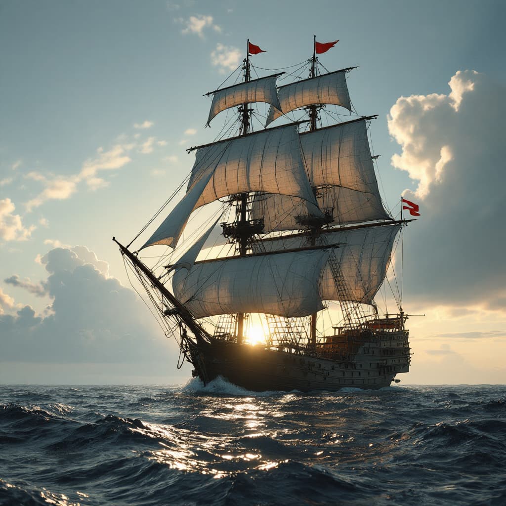 AI generated: Photo of a ultra realistic sailing ship, dramatic light, pale sunrise, cinematic lighting, battered,...