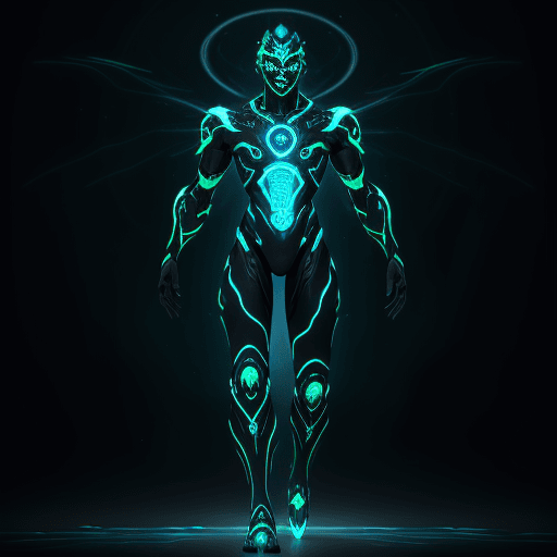 AI generated: Celestial humanoid male, glowing blue aura, glowing green eyes, black background, blue and green lig...