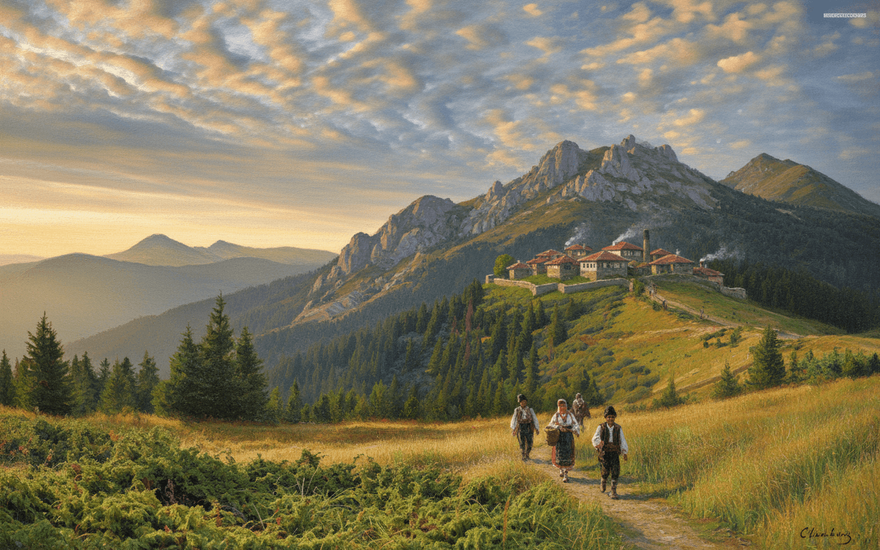 AI generated: Make in Clod Monet style, old village on top of the mountain, bulgarian folklore,Balkan, rocks in Bu...