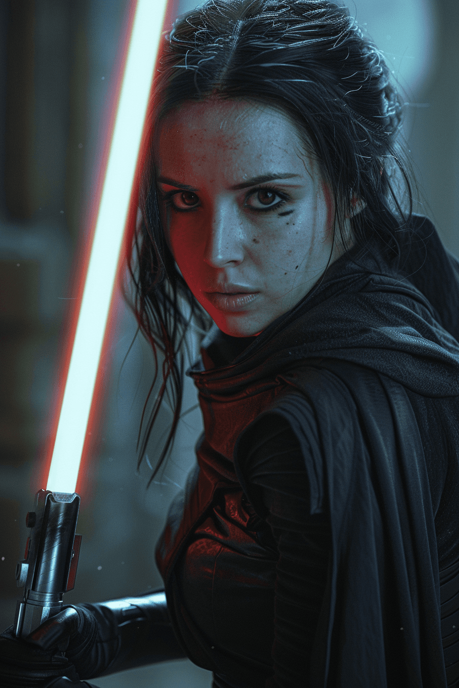 AI generated: A female jedi is looking for enemies, angry, and ready to kill, her lightsaber is ready to fight, --...