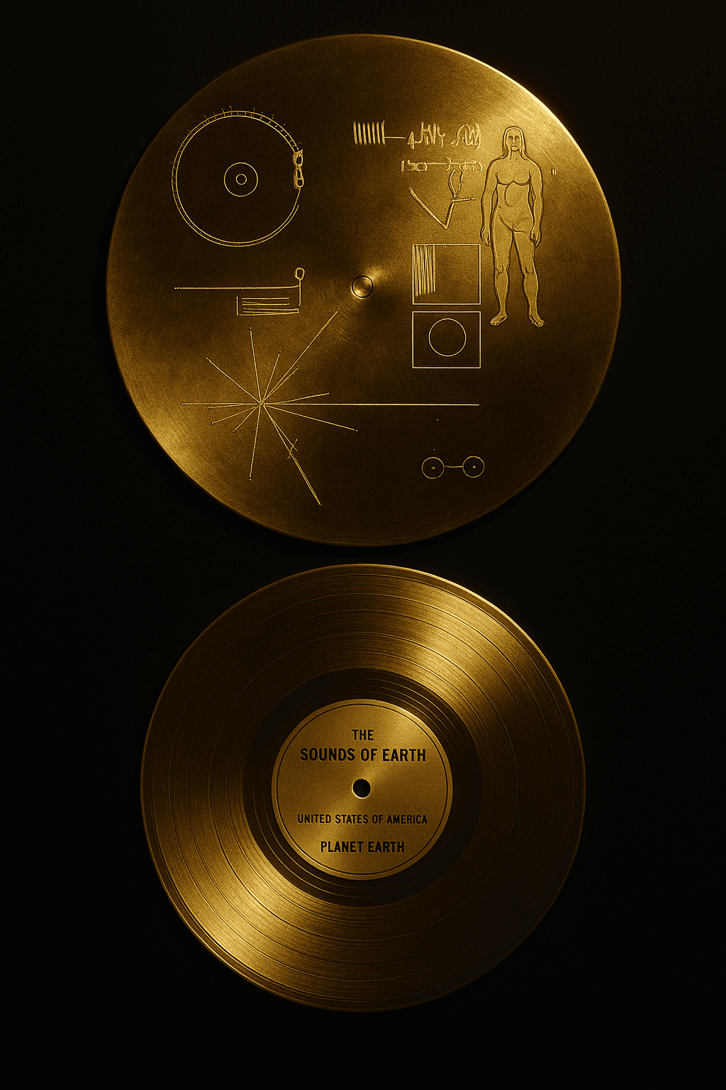 AI generated: image displays two golden, circular objects, likely records, set against a dark, possibly black, bac...
