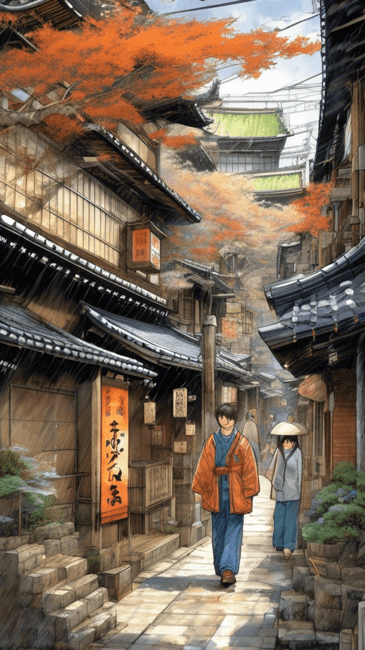 AI generated: kyoto, walking tour shenmue, in the style of hinchel, villagecore, manga-influenced, spiritual reson...