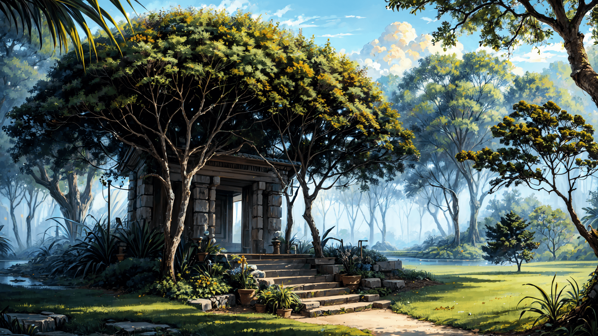 AI generated: In the heart of an uncharted jungle, a hidden temple emerges from beneath a dense canopy of ancient ...
