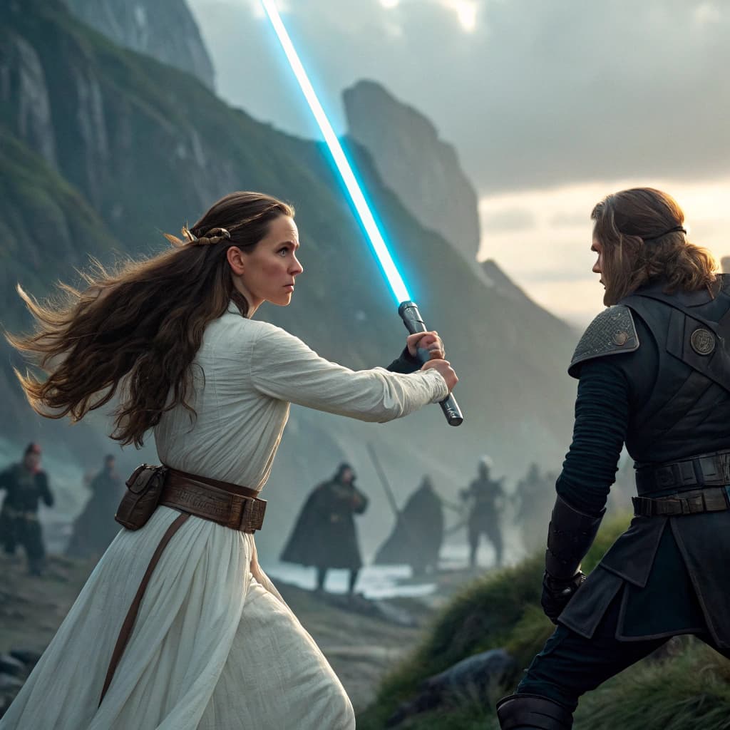 AI generated: A fantasy battle scene with seven characters, including a woman with long brown hair and a white dre...