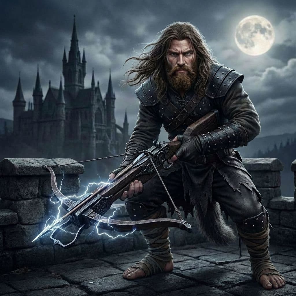 AI generated: a human man with long brown hair and beard holding a crossbow, bare feet wrapped in worn rags
