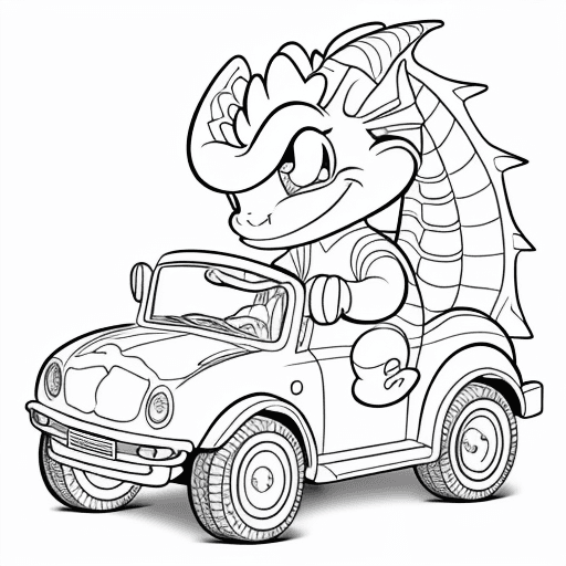 AI generated: coloring book for kids happy baby cartoon dragon on a happy car 

