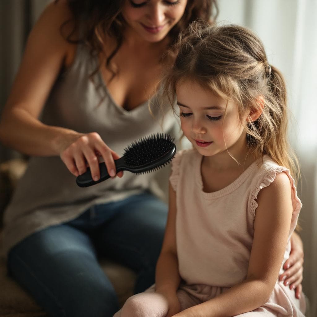AI generated: a girl getting spanked over moms knee with hairbrush