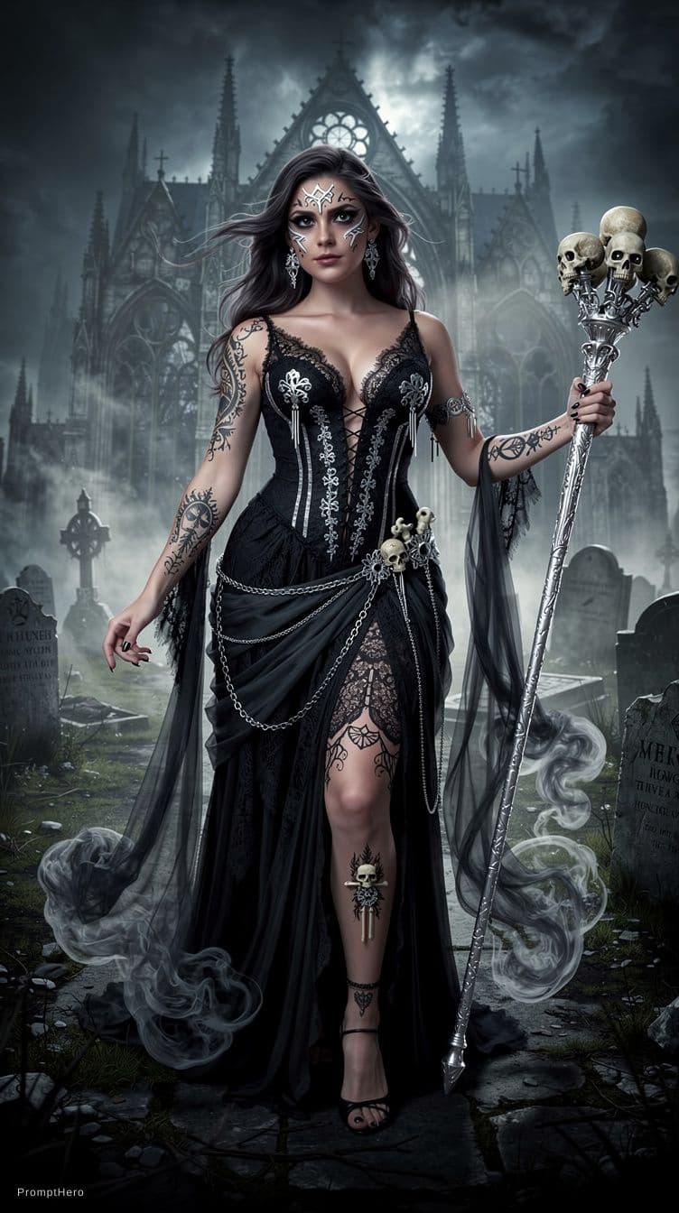 AI generated: An ultra-realistic, full-body captivating gothic banshee women with same upload face, radiating ethe...