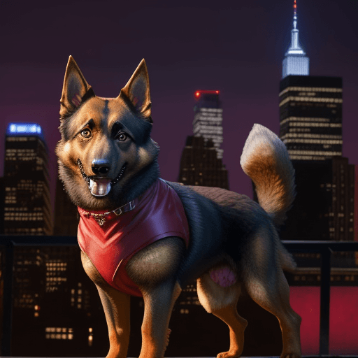 AI generated: Scarlet Witch, a Marvel Comics character, is a dashing German Shepherd dog, with her red and purple ...