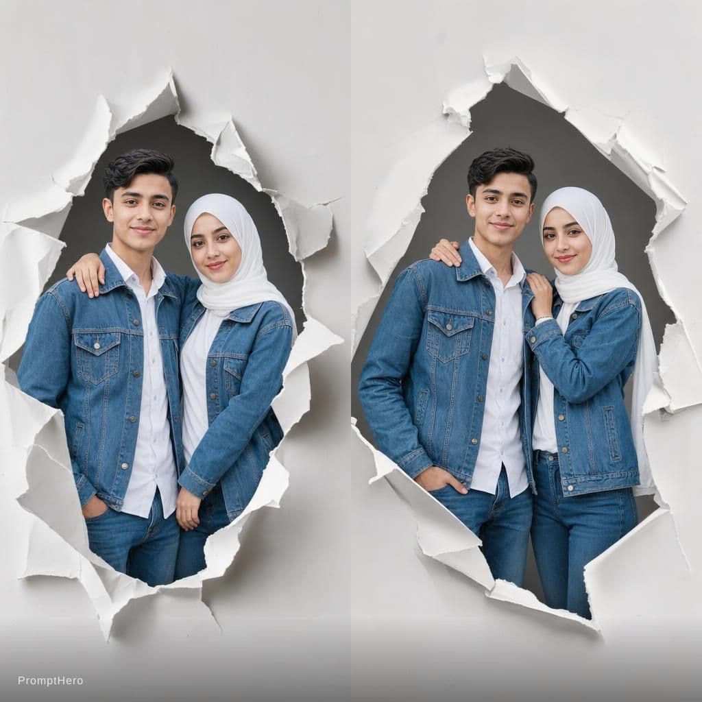 AI generated: Two Moroccan couple portraits, half-body view, emerging from realistic torn paper holes on a light g...