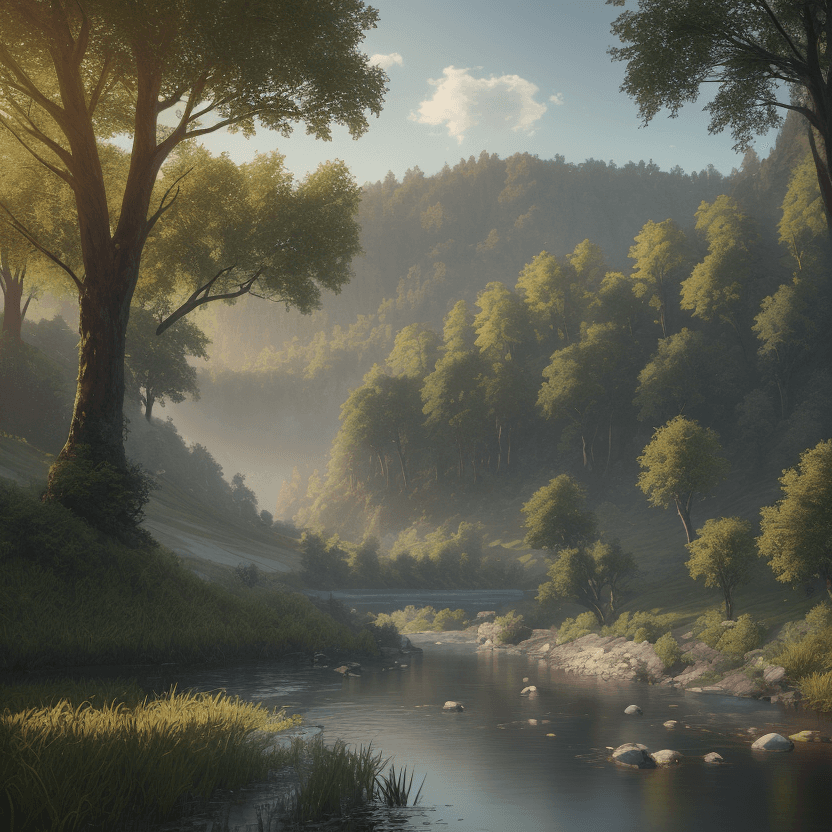 AI generated: photorealistic oil on canvas, 
riverbank, trees, small hills
beautiful setting, summer,
foreground, ...