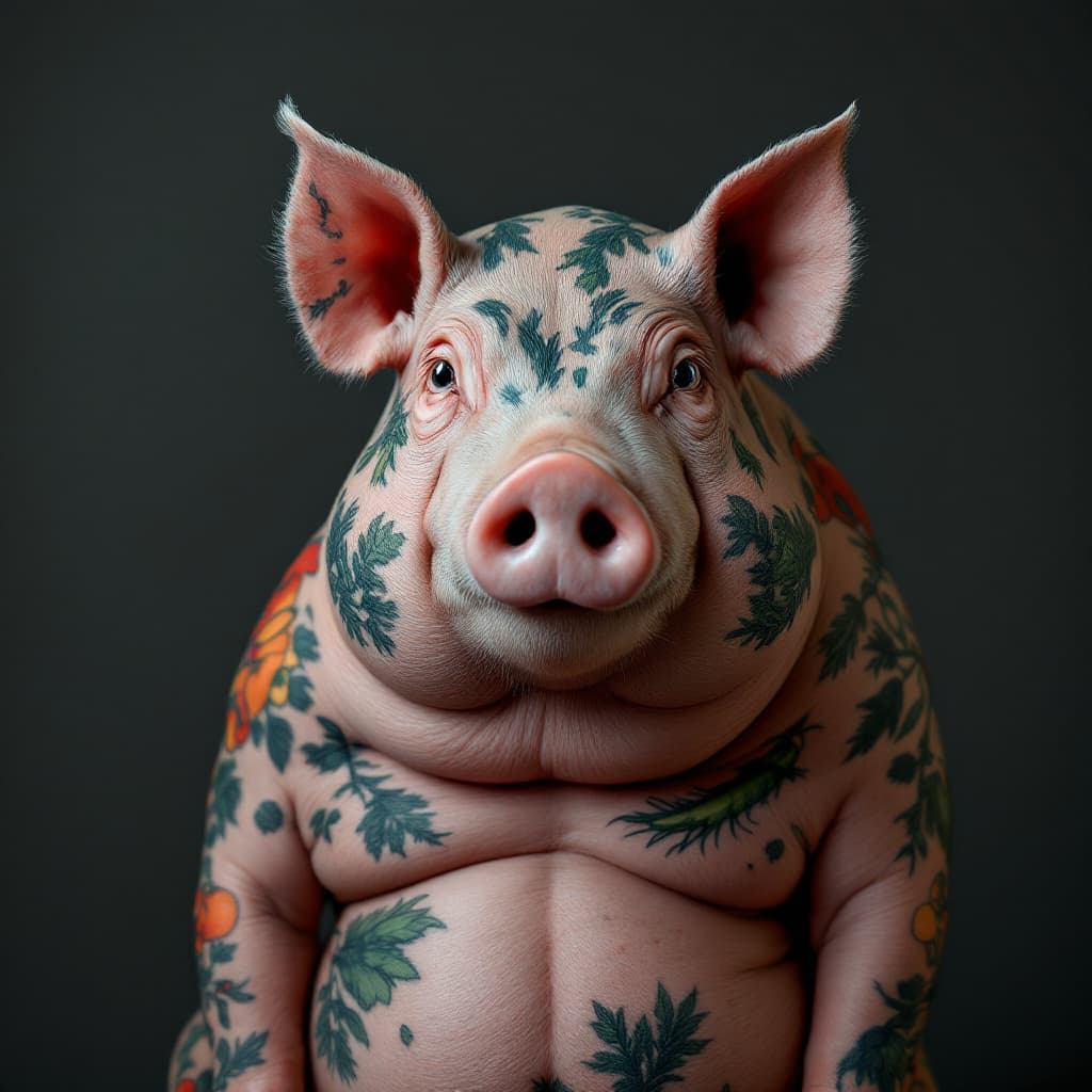 AI generated: photo close up, studio portrait, looking at the camera,
 hairless big fat pig thin lines tattooed wi...