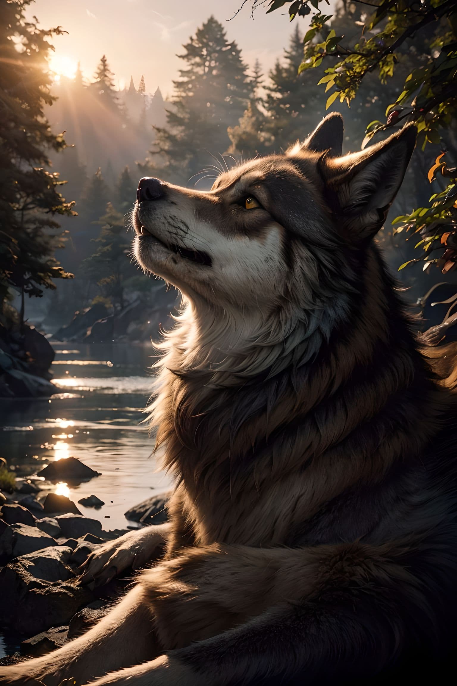 AI generated: (Wolves:1.2), fantastic wilderness sunset atmosphere, in bright natural light, beautiful scenery, pe...