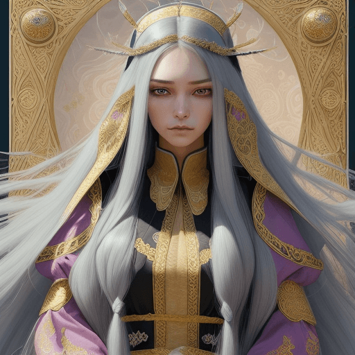 AI generated: A medium shot, frontal, eye-level view of a woman with extremely long hair and very distinct, pure f...