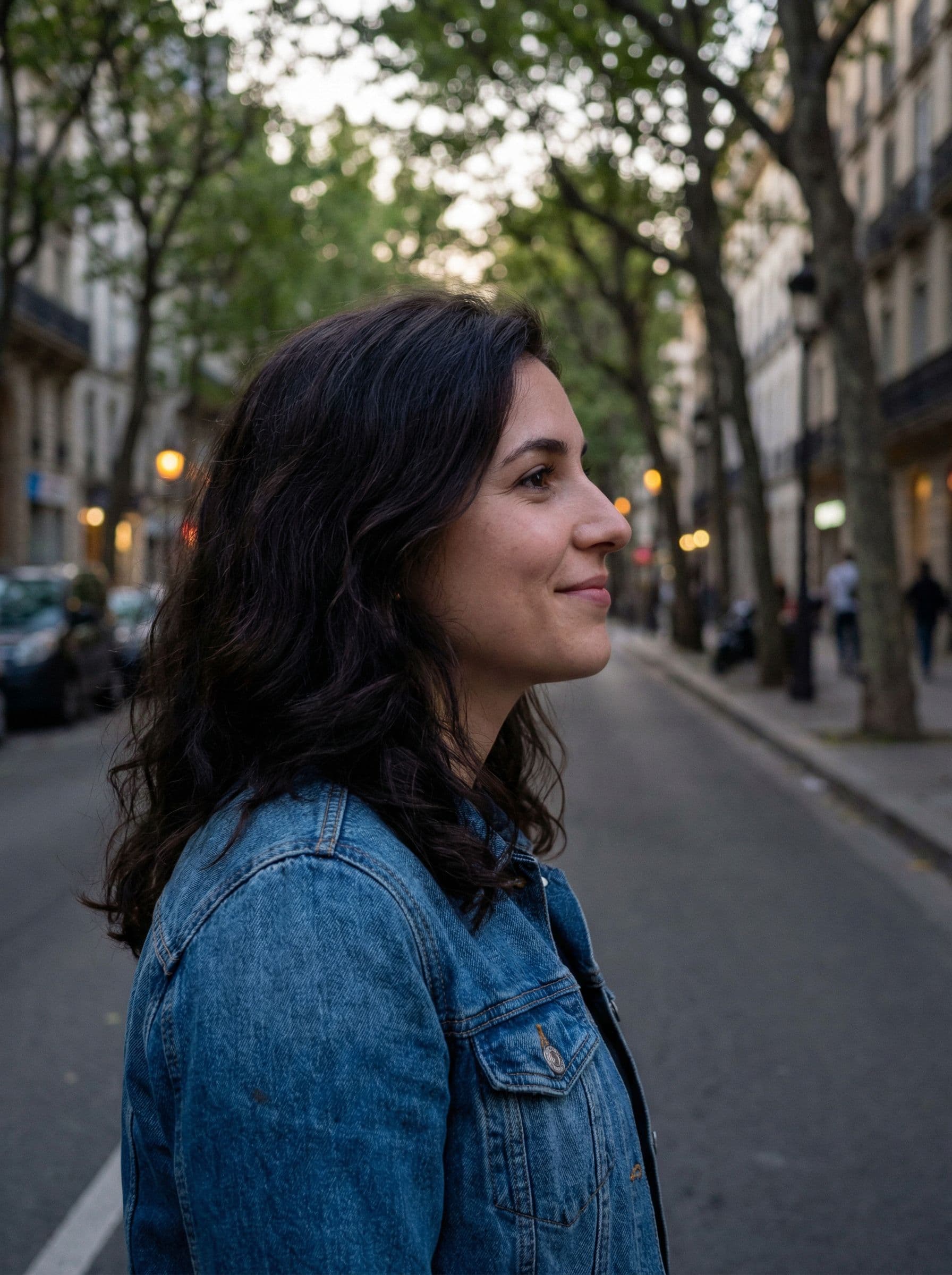 AI generated: woman, side view, slight smile, shot on a Canon A7 III 
