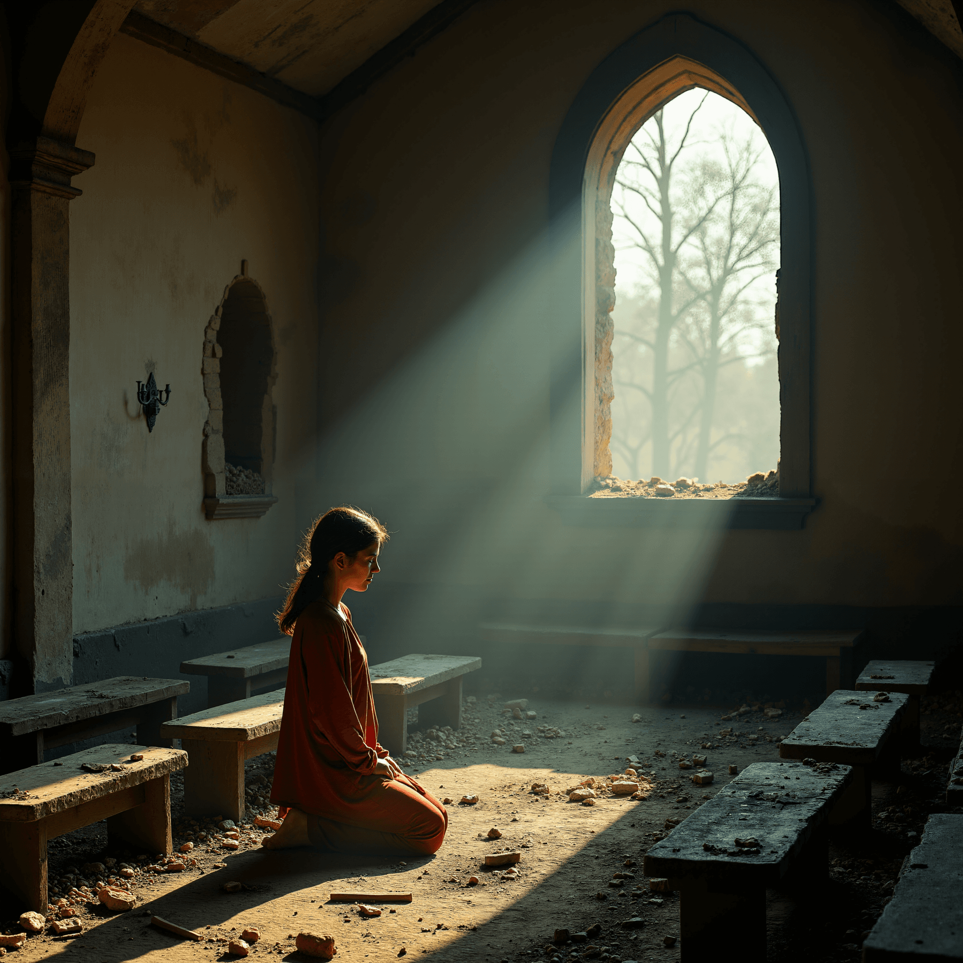 AI generated: sideshot photo of a beautiful woman desperate on her knees outside a destroyed church, hole in the w...