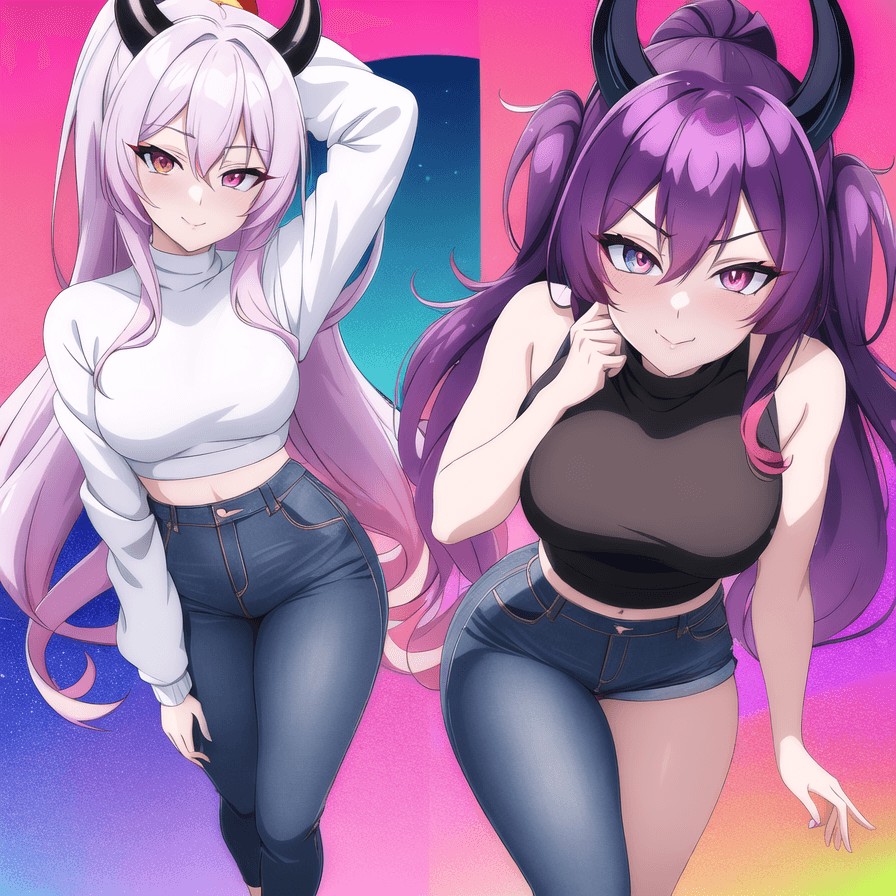 AI generated: Anime style ((Full body Fit to Screen)) TIefling Woman in high-waisted jeans and a crop top sweater ...
