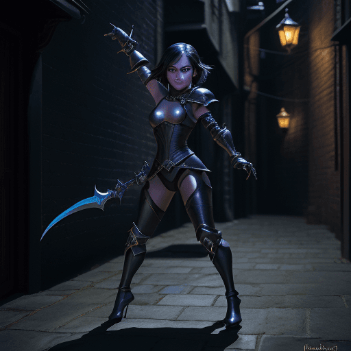 AI generated: Female Halfling Thief, Shadow Dancer. Commandingly displayed in a moonlit alleyway. Positioned at th...