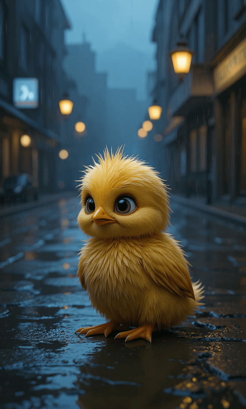 AI generated: A small, fluffy, yellow chick, alone on the streets of Bangkok in the parking lot of the chiken fast...