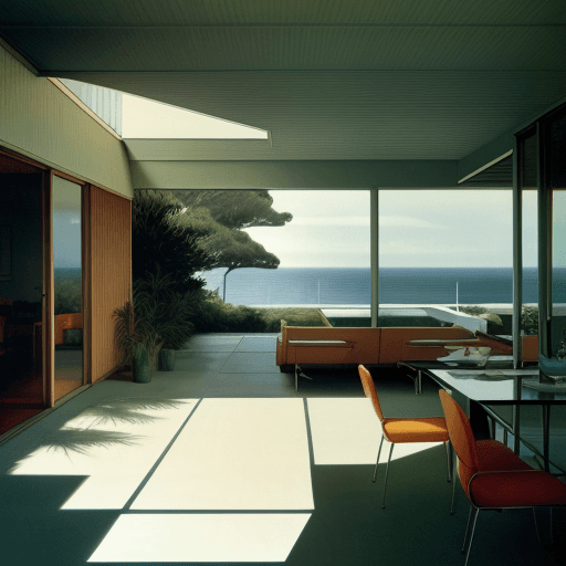 AI generated: Hyper realistic eye level exterior photo of a mid century modern style house overlooking the ocean, ...