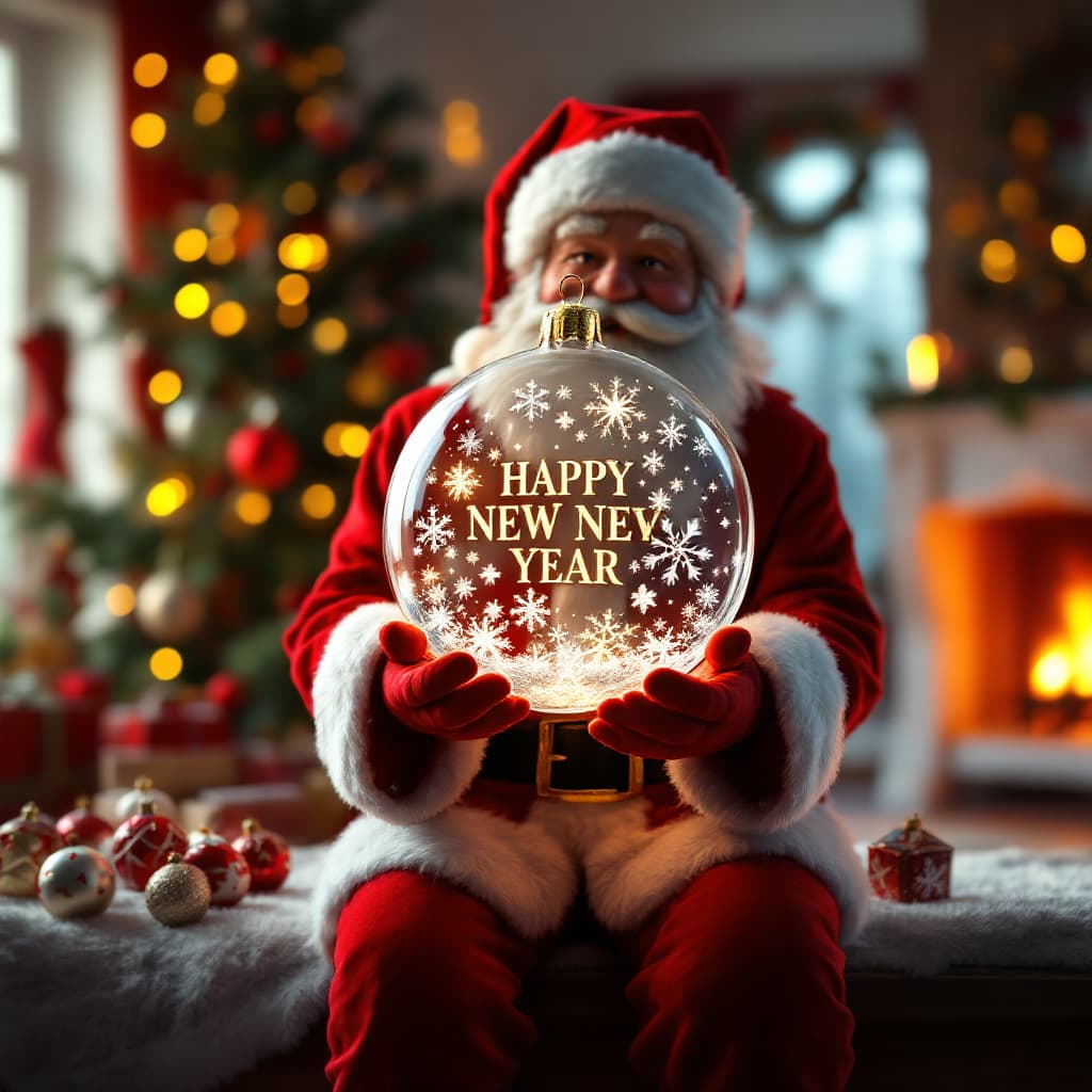 AI generated: A 3D representation of a real scene of Santa Claus sitting on a shelf. Santa Claus is holding a tran...