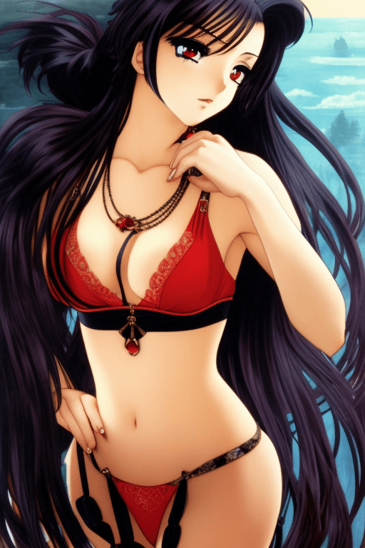 AI generated: anieyes gril with long black hair wearing a red lingerie, a fine art painting by Anne Stokes, (simet...