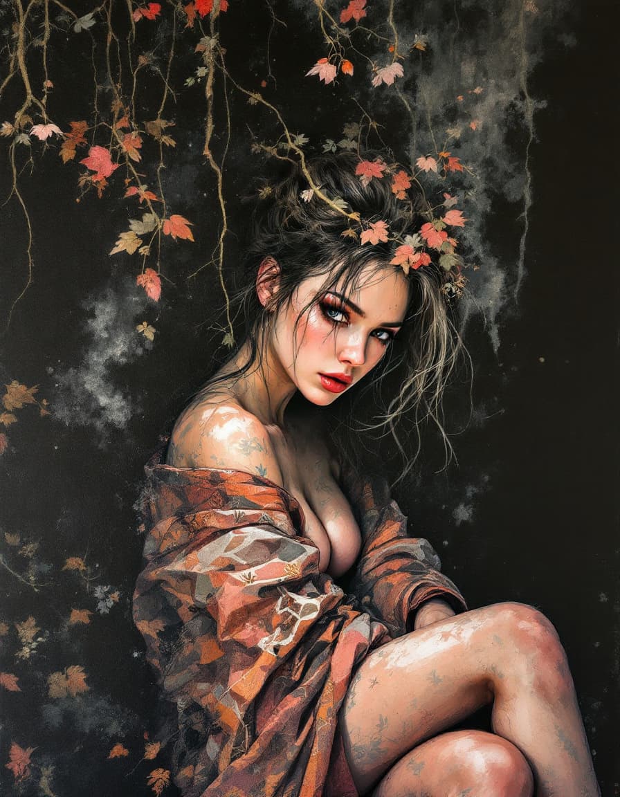 AI generated: Amber Heard face female kimono female bodybuilder figure Revealing powerful, strong muscles, a peach...