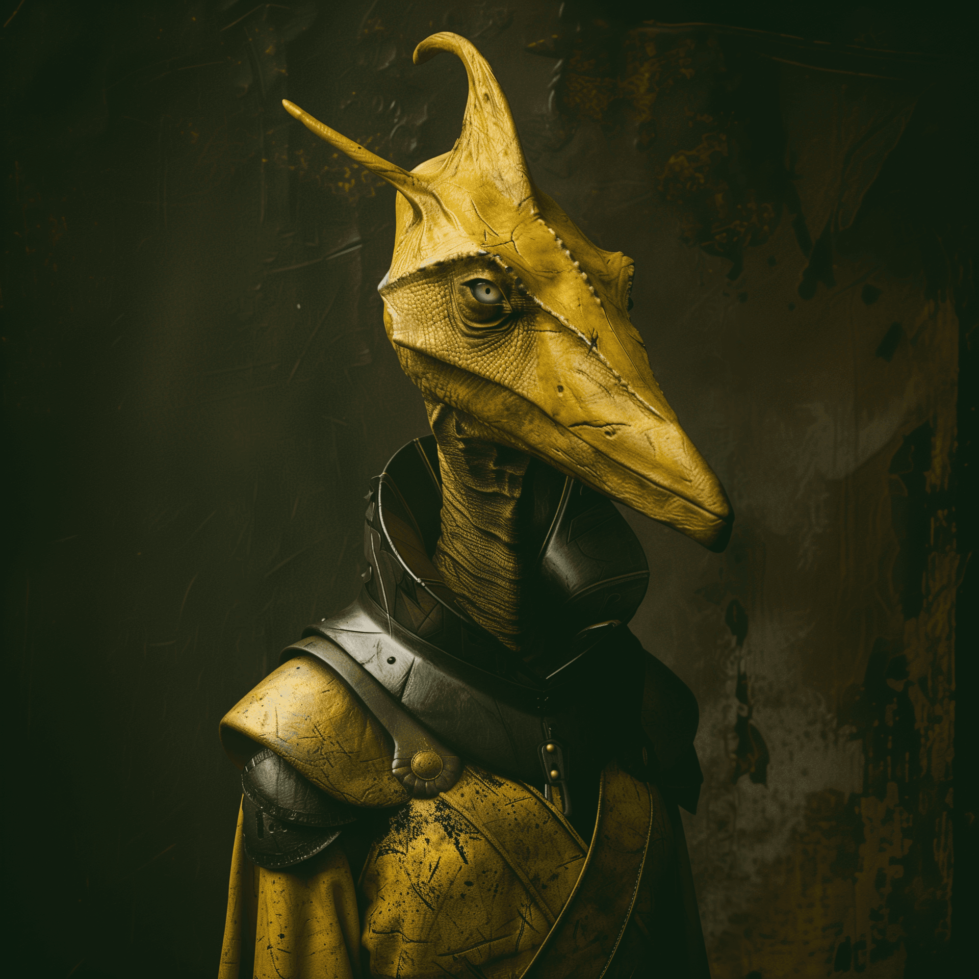 AI generated: yellow dinosaur wearing mid european ancient helmet and armour, war background, 8k, 3d render, in th...