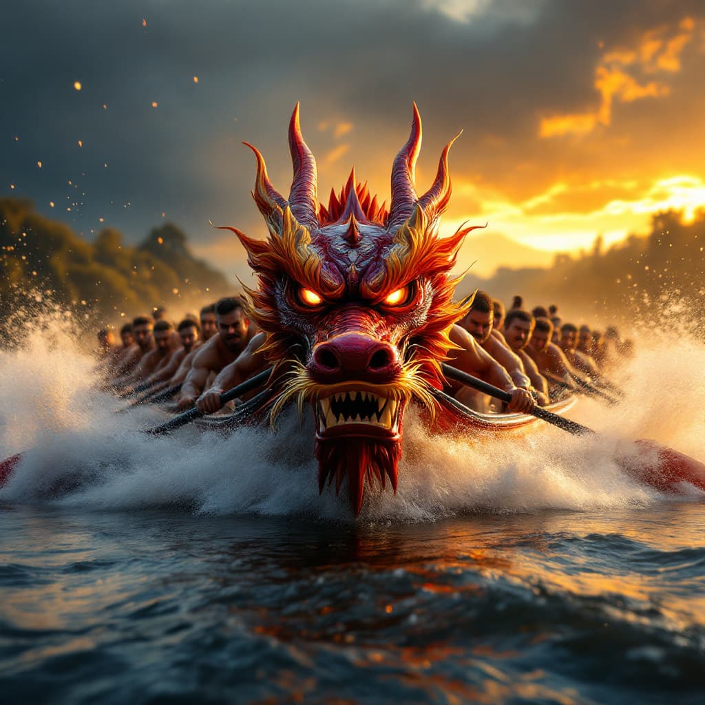 AI generated: "A fierce and determined dragon boat team named 'Angry Dragon Team' paddling with full force across ...