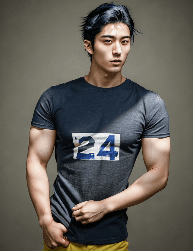 AI generated: A photorealistic portrait of a handsome 24-year-old Japanese man with short, dark blue hair. He has ...