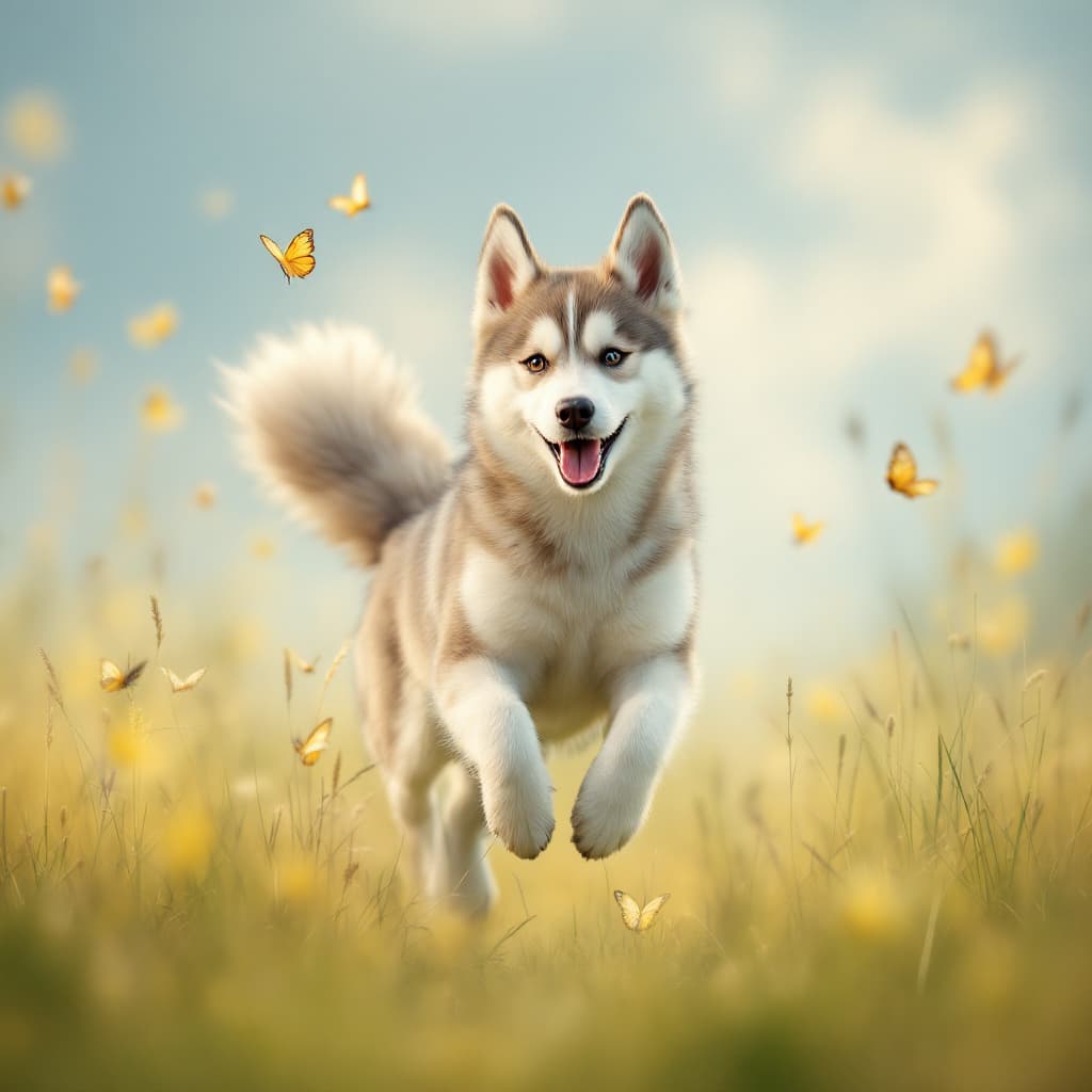 AI generated: a wonderfull beige Husky runs in the grass fields and try to catch butterflies. Uhd 8k, hyperrealism...