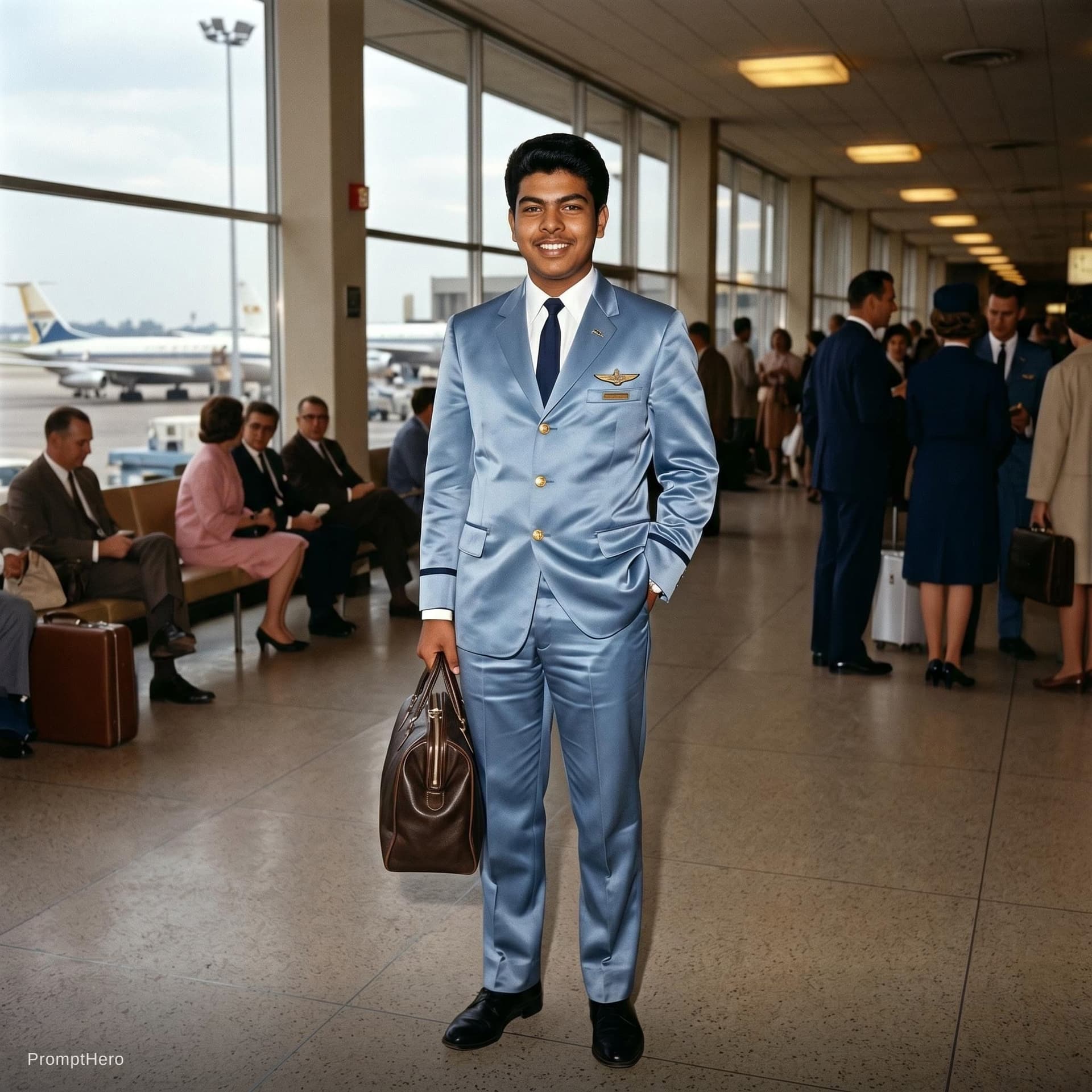 AI generated: (photo of a hot stewardess posing for playboy magazine), (breathtaking:1.58), ((wearing light blue s...