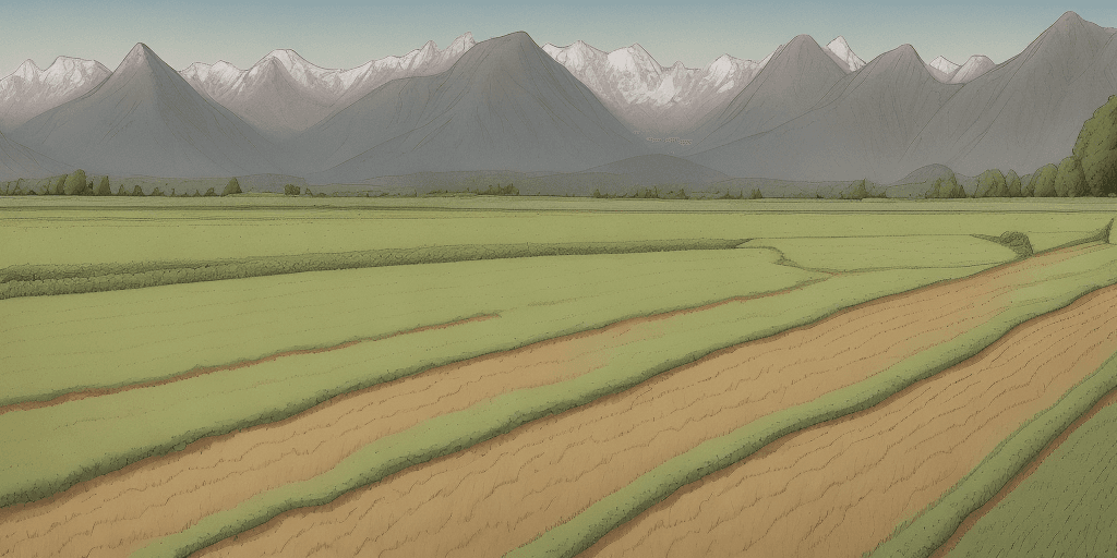 AI generated: cartoon a sown field with trenches against the mountains  