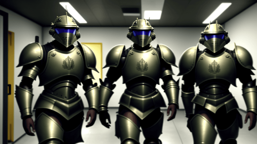 AI generated: human male Armoured warriors investigating in a secret lab, 
