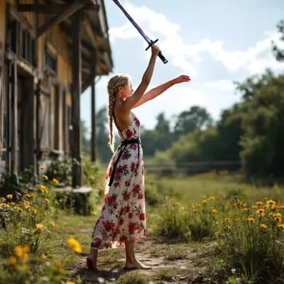 AI generated video: the woman tries the sword, swings it, miming blows.