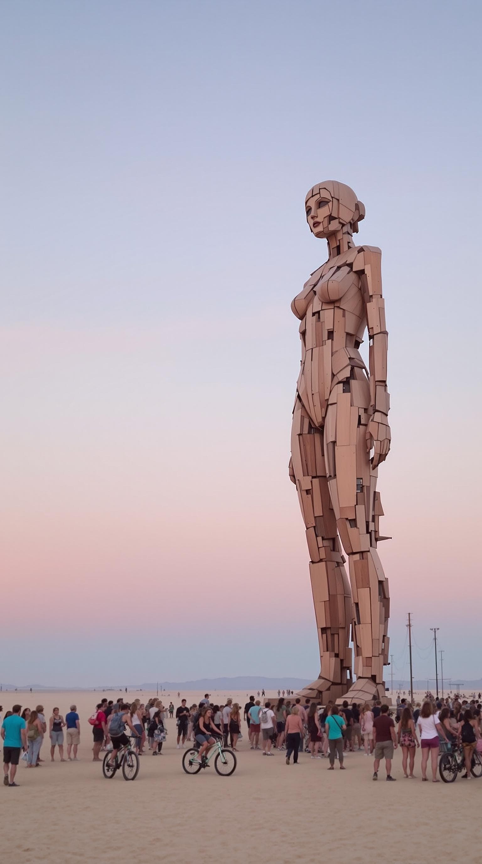 AI generated: The image depicts a large, wooden abstract statue of a human woman figure standing in a vast, open d...