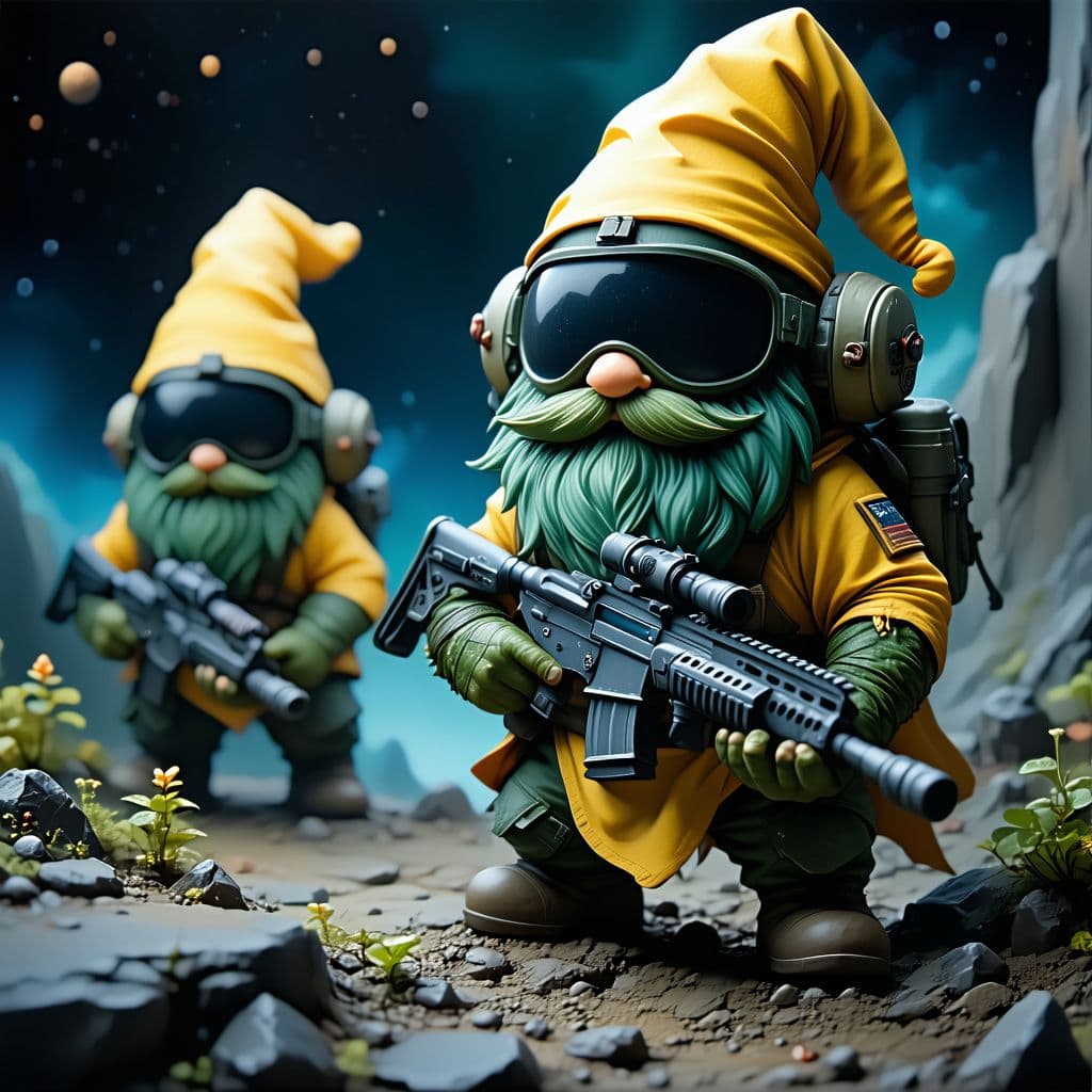 AI generated: elite gnome special forces, fight worms, in space, ultimate battleground, masters, heroes, medium qu...