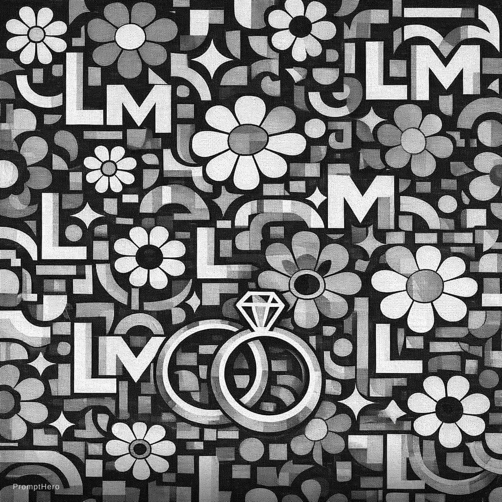 AI generated: Make a black and white version of this design. Integrate two wedding rings in the same style