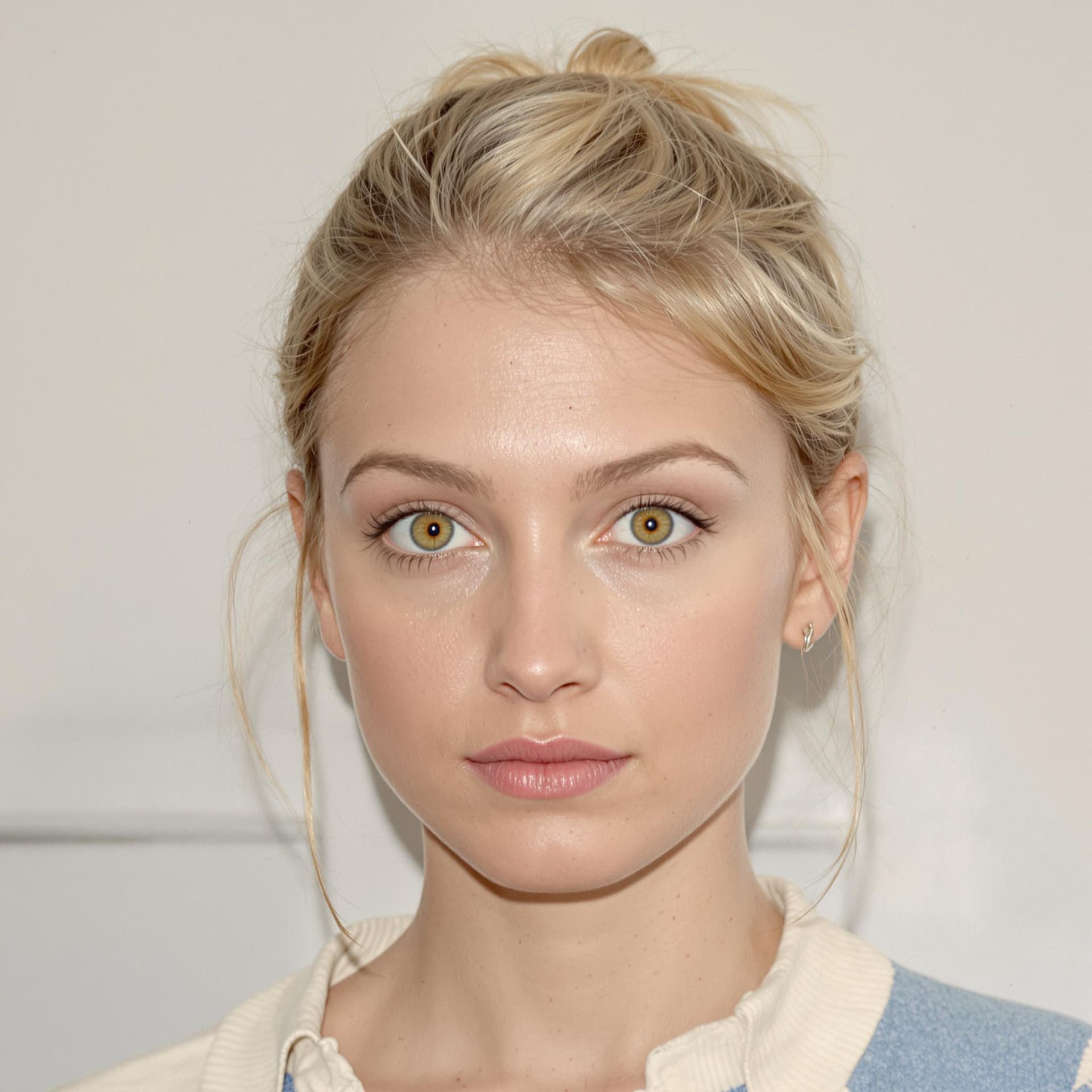 AI generated: A Real photograph of a blond women in her 20s, her hair is short with a small bun. She has yellow ey...